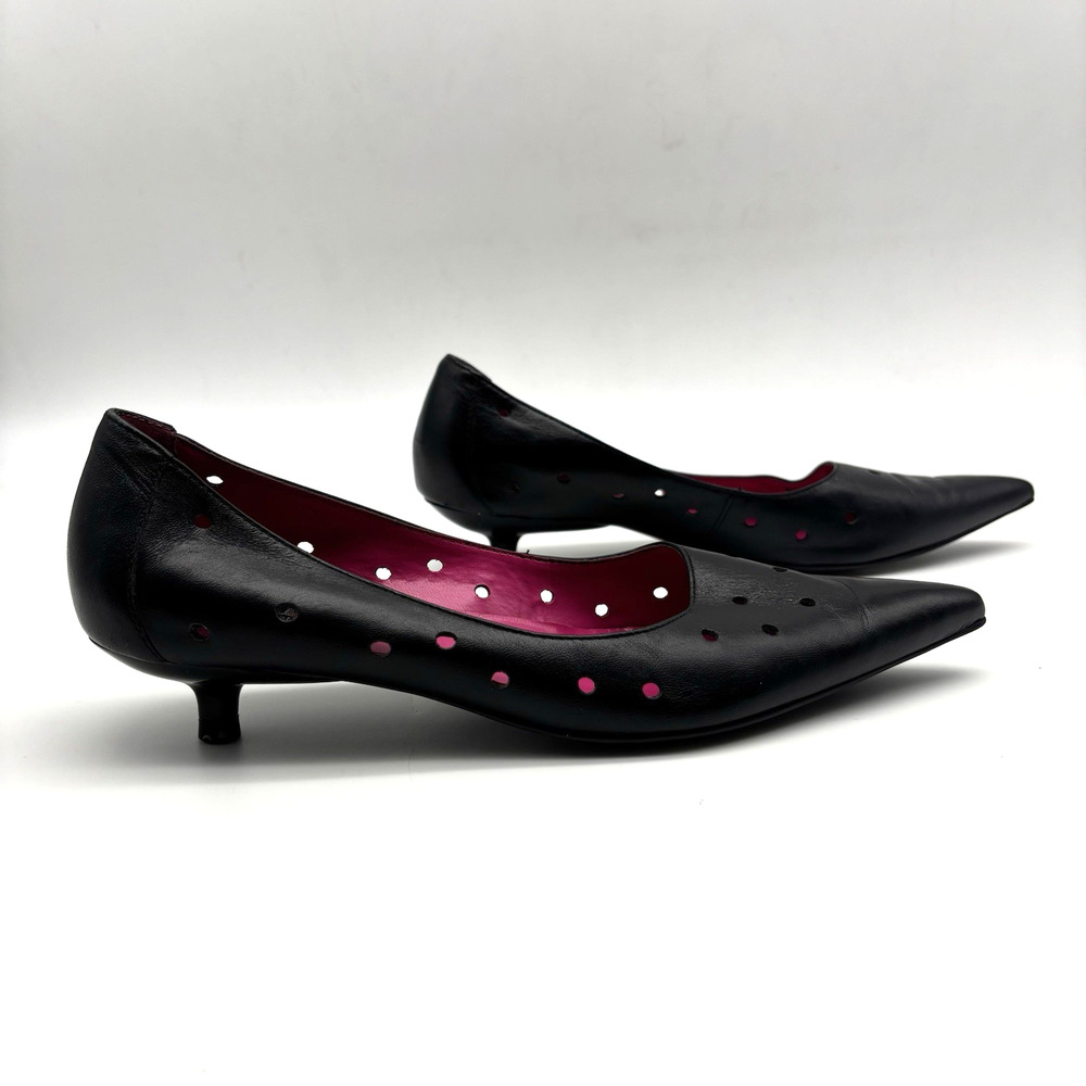1980s San Reno 'KATI' Black Holey Leather Point Toe Kitten Heel Pump 6.5B Brazil - Picture 5 of 15